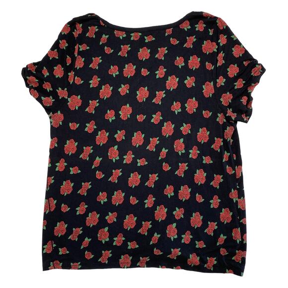 ATTITUDE NOT INCLUDED Black Rose Criss-Cross Tie-front Tee Size 1X Stretch AOP - Picture 4 of 8